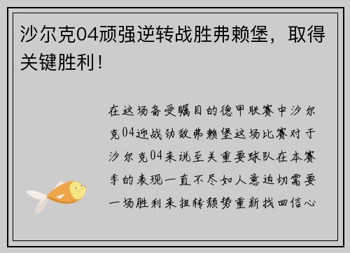 沙尔克04顽强逆转战胜弗赖堡，取得关键胜利！