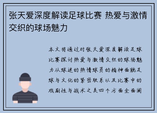 张天爱深度解读足球比赛 热爱与激情交织的球场魅力