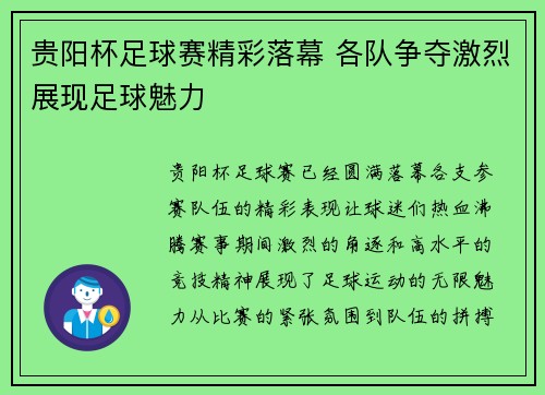 贵阳杯足球赛精彩落幕 各队争夺激烈展现足球魅力