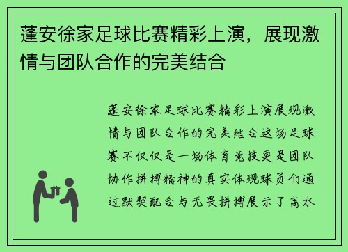 蓬安徐家足球比赛精彩上演，展现激情与团队合作的完美结合