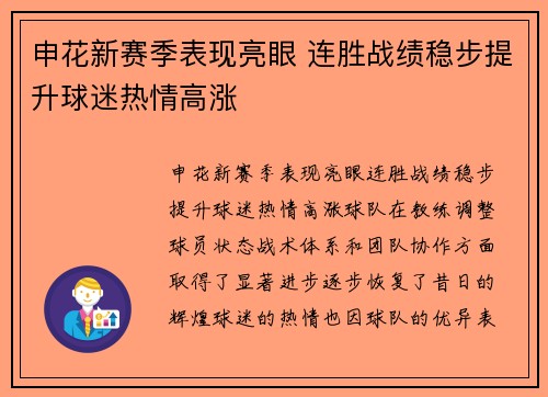 申花新赛季表现亮眼 连胜战绩稳步提升球迷热情高涨