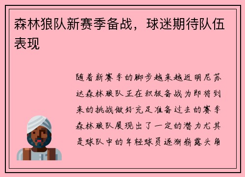 森林狼队新赛季备战，球迷期待队伍表现