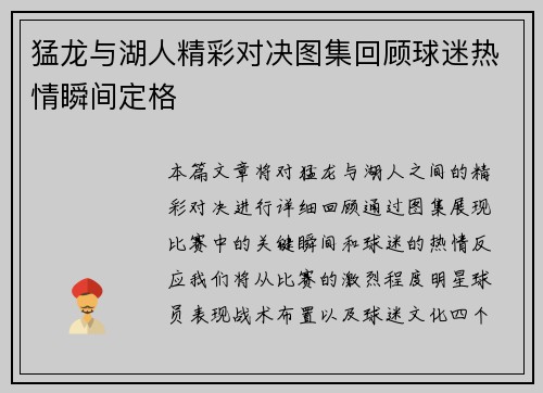 猛龙与湖人精彩对决图集回顾球迷热情瞬间定格