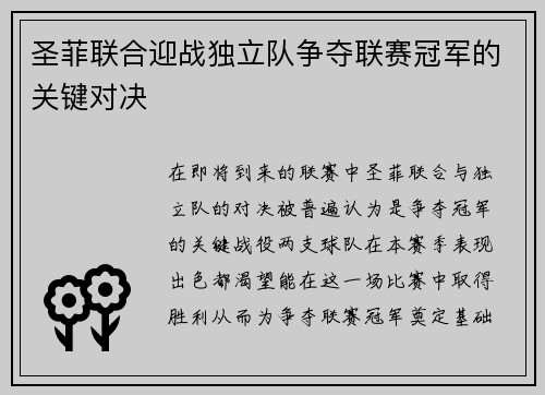 圣菲联合迎战独立队争夺联赛冠军的关键对决