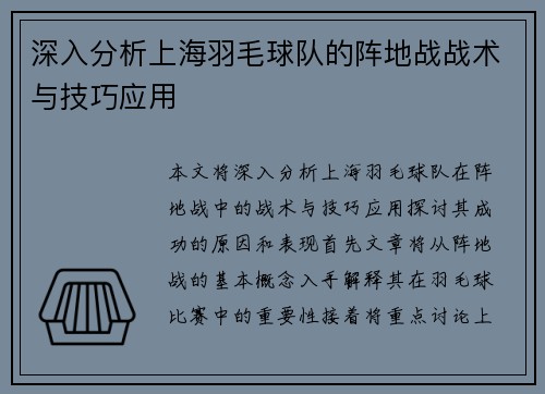 深入分析上海羽毛球队的阵地战战术与技巧应用